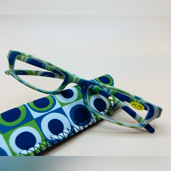 NEW GEOMETRIC NARROW READERS. BLUE/GREEN MULTI-COLOR DESIGN WITH MATCHING CASE - Picture 4 of 4
